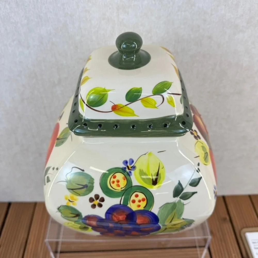 Nonni's Biscotti Cookie Jar Canister Fruits & Vines Hand Painted from Italy VTG